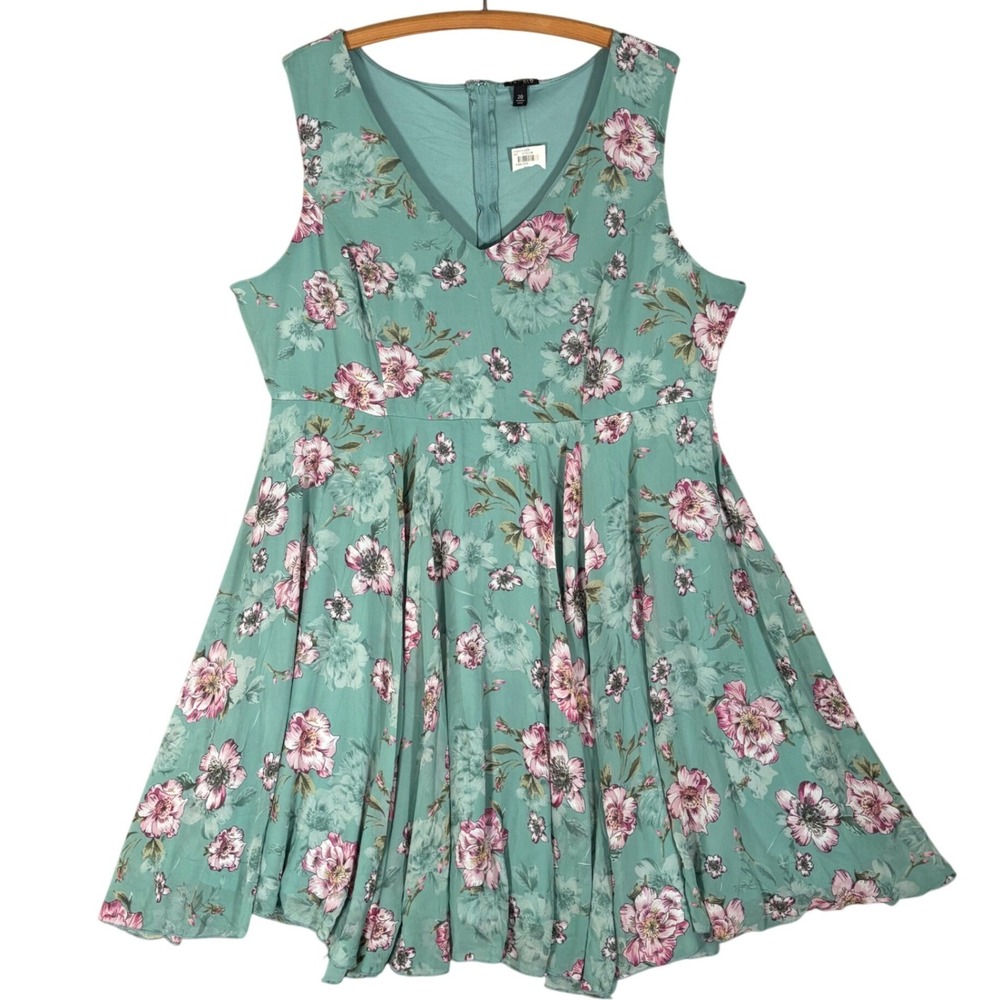 Torrid Womens Plus Size 20 Green Floral V-Neck Fit & Flare Skater Midi Dress NWT